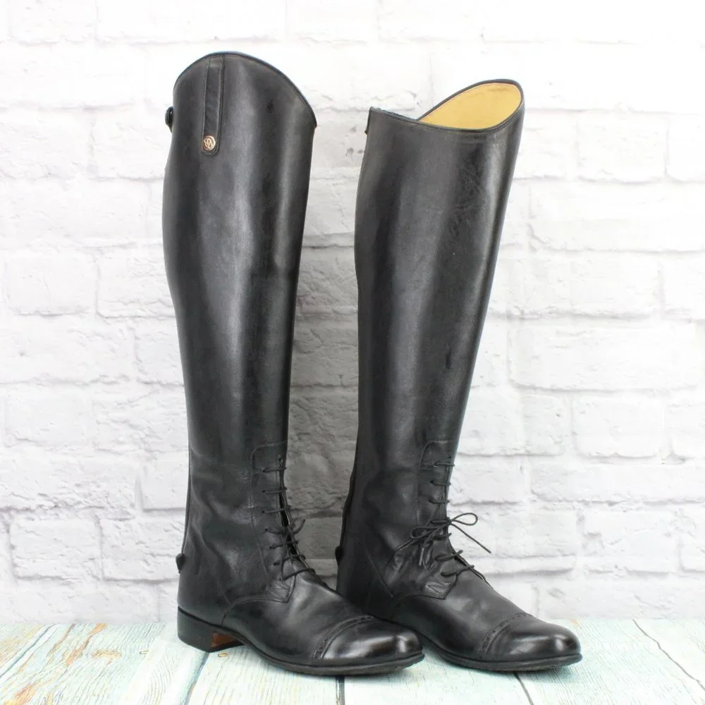 *Unbranded Black Leather Pull On Cap Toe Back Zipper Tall Boots Size 10.5 - Picture 3 of 9